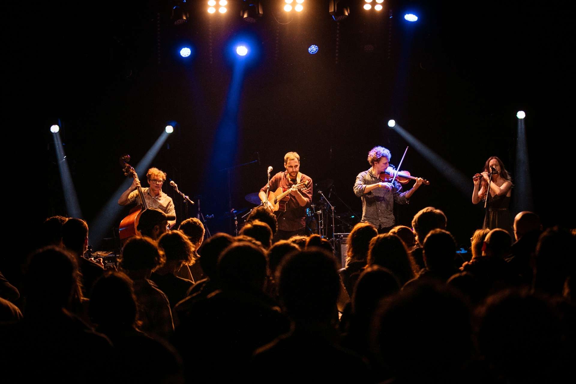 un concert debout avec le public au premier plan et les musiciens au loin sont éclairés de tous les côtés.