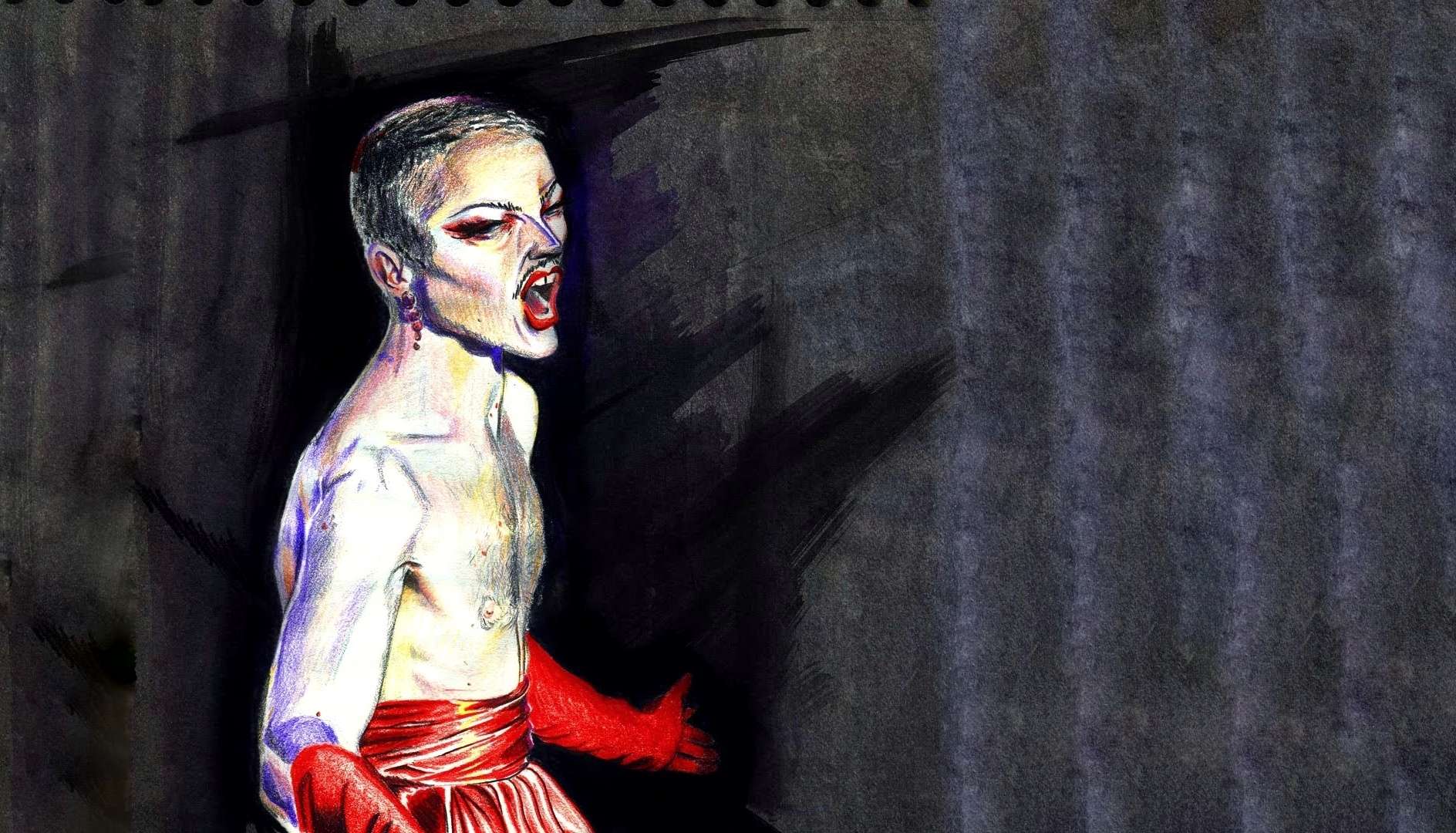 Dessin d'un homme maquillé, torse nu avec de longs gants rouges